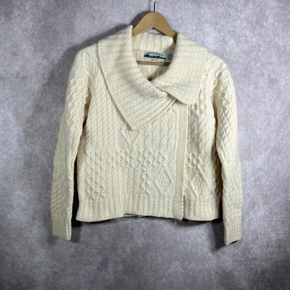 Vintage Aran Crafts Blazer Cardigan Sweater Womens XS Tan Cable Knit Merino Wool - Picture 1 of 10